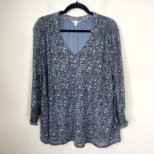 Blue Floral V-Neck Long-Sleeve Women's Top